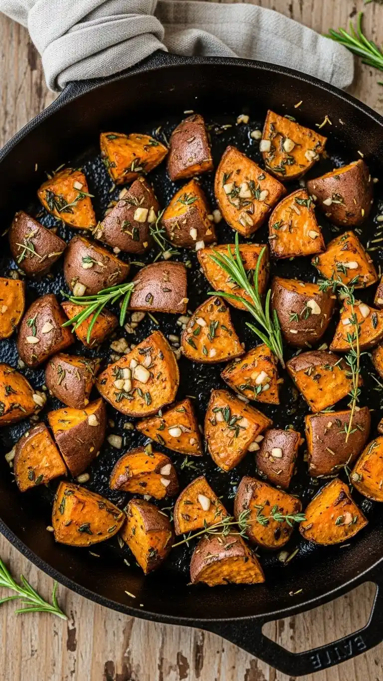 10 Delicious Sweet Potato Sides for Holiday Meals 3 Garlic Herb Roasted Sweet Potatoes