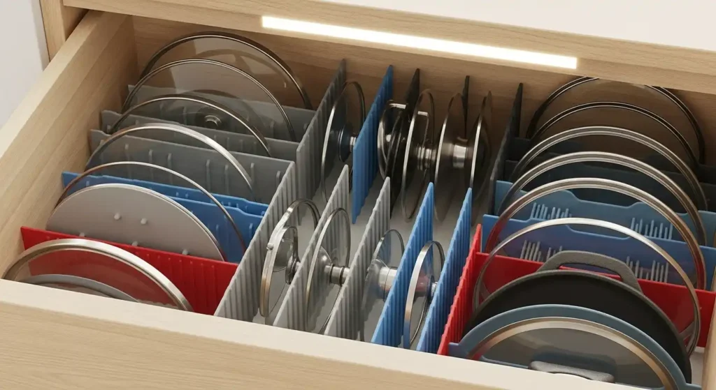 How to Store Pan Lids (Without Losing Your Mind or Your Cabinet Space) 5 use silicon pads to store lids