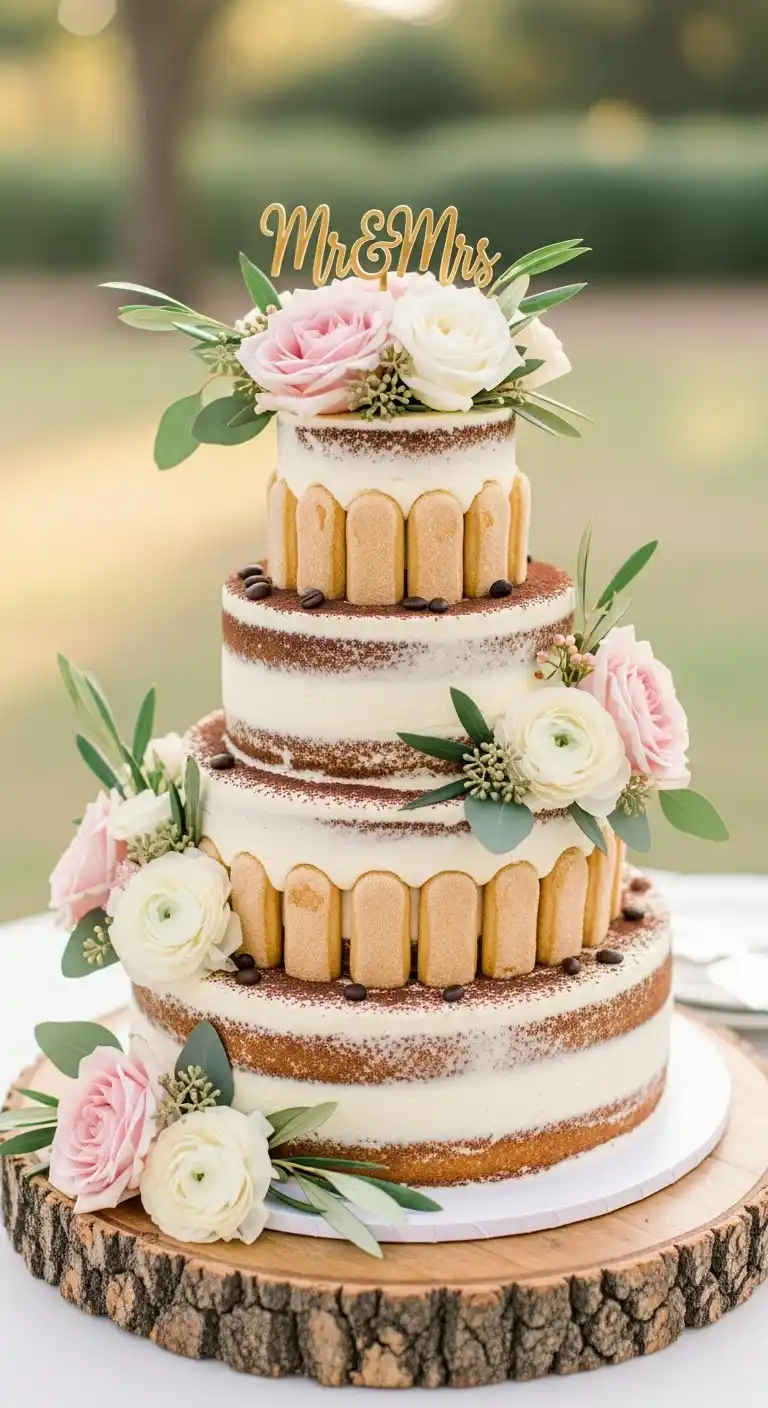 12 Stunning Tiramisu Wedding Cake Ideas That’ll Wow Every Guest 13 _Floral Tiramisu Wedding Cake