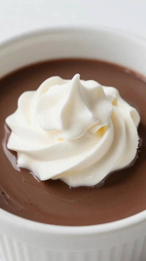 Easy Chocolate Pudding Recipe: Quick Comfort Dessert 5 Closeup of whipped cream dollop on chocolate pudding in white bowl