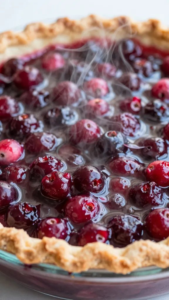 Cranberry Pie Recipe: Zesty Holiday Favorite in Minutes 4 Closeup of cranberry pie filling steaming in a glass pie dish