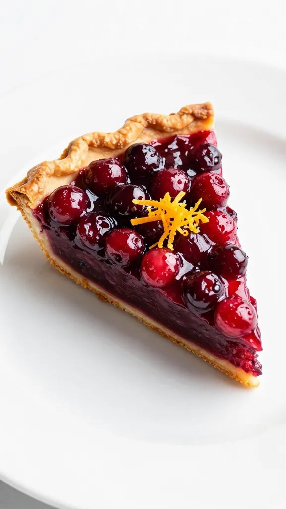 Cranberry Pie Recipe: Zesty Holiday Favorite in Minutes 5 Single glossy cranberry pie slice on white plate, orange zest garnish