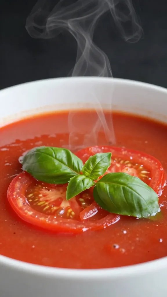 Tomato Soup Recipe: Cozy, Easy One-Pot Hit 4 closeup of steaming bowl of tomato soup with basil leaf