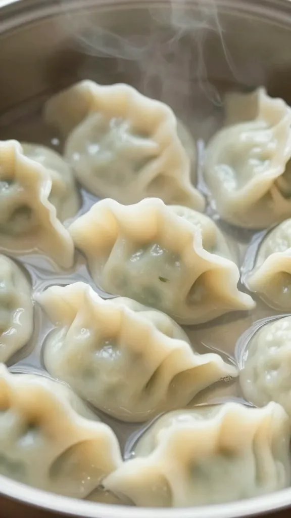Old Fashioned Chicken and Dumplings Recipe Magic 5 Closeup on dumplings soaking in broth, rising steam