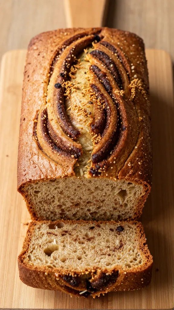 Zucchini Bread with Cinnamon Swirl: Cozy Moist Perfection 5 closeup of a tall zucchini bread loaf with cinnamon swirl on a rustic wooden board