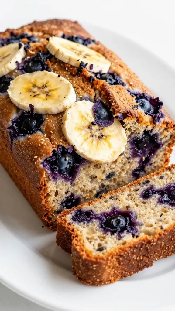 Banana Bread with Blueberries: Brunch-Perfect Comfort 4 Closeup of blueberry banana bread loaf slice on a white plate