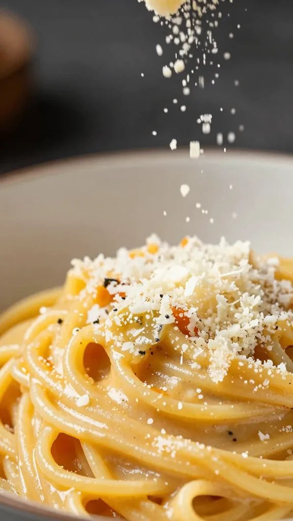 Creamy Garlic Parmesan Pasta: Weeknight Wow 5 closeup of grated parmesan being sprinkled over velvety pasta sauce