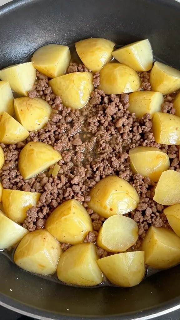 Beef Picadillo with Potatoes and Raisins: One-Pot Comfort 5 Closeup of diced potatoes and ground beef sizzling in a single pot