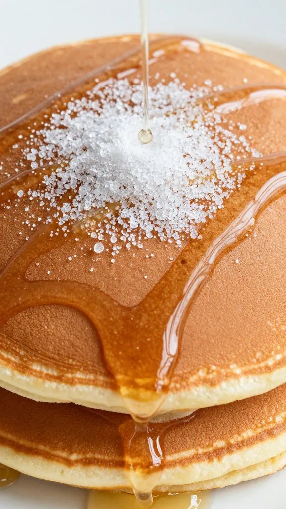 Indulgent Morning: Almond Flour Pancakes with Sugar Free Syrup Bliss 4 closeup sugar-free syrup drizzle on pancake top