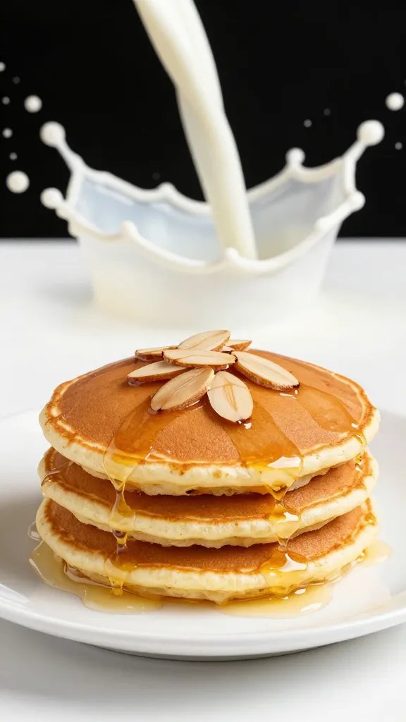 Indulgent Morning: Almond Flour Pancakes with Sugar Free Syrup Bliss 5 single airy almond flour pancake on white plate with milk splash backdrop