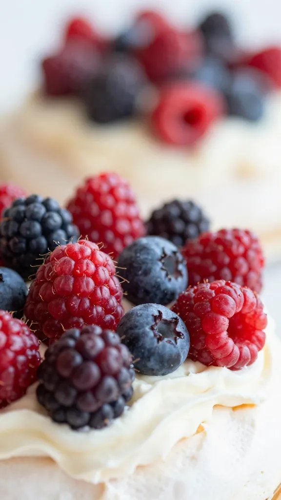 Pavlova with Fresh Berries: Elegant Weeknight Wow 4 Closeup of fresh berries piled atop a crisp Pavlova edge