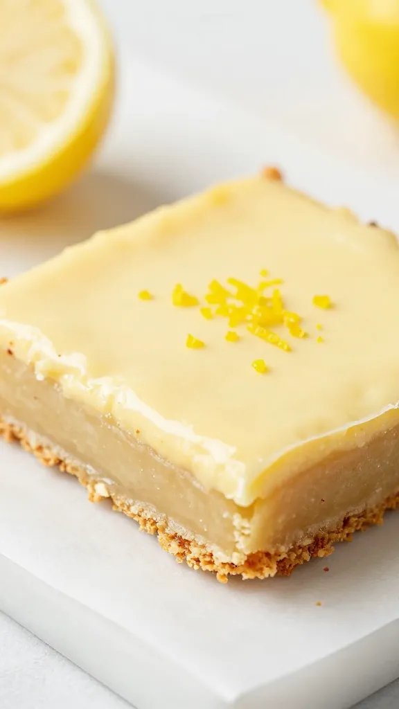 Gluten Free Lemon Bars That Wow You 5 Closeup of gluten-free lemon bar on parchment, lemon zest specks