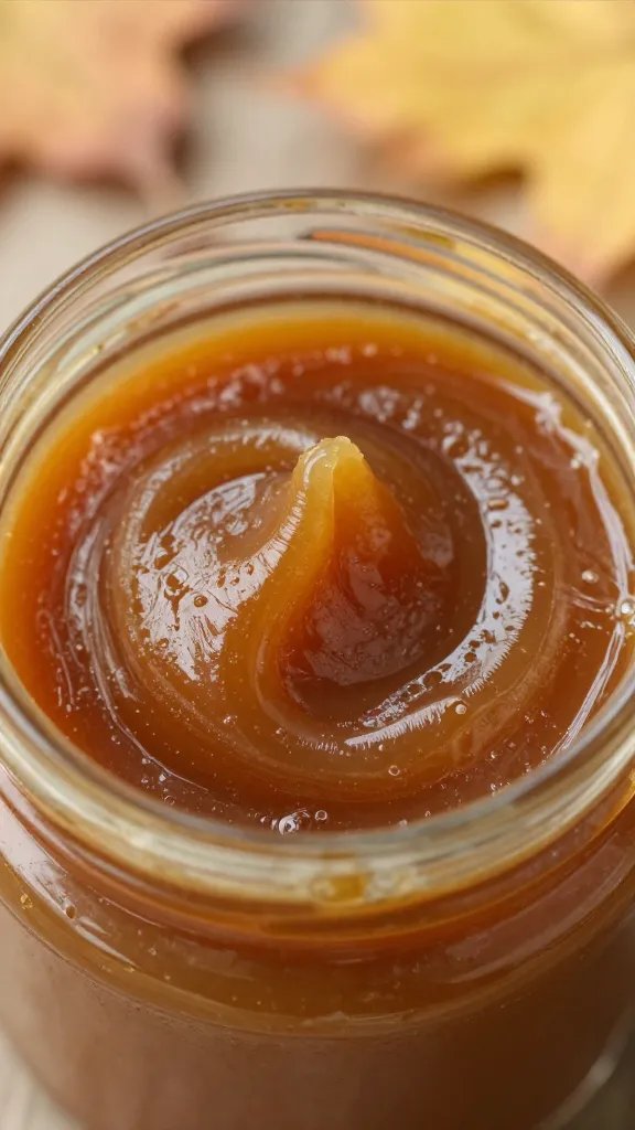Autumn Magic: Apple Butter Recipe That Slaps 5 Closeup of glossy apple butter swirl in jar, autumn light
