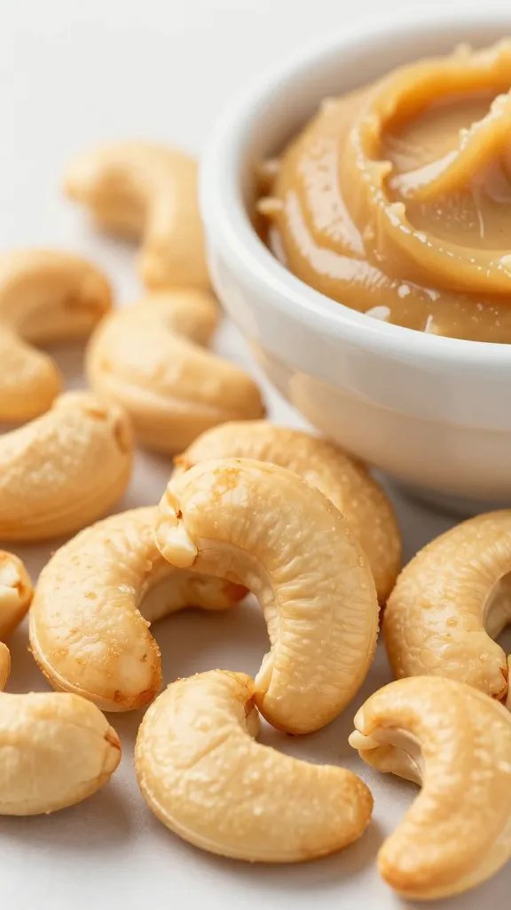 Cashew Butter Recipe: Velvet Pantry Favorite 5 closeup of toasted cashews beside a small bowl of cashew butter (single subject focus)
