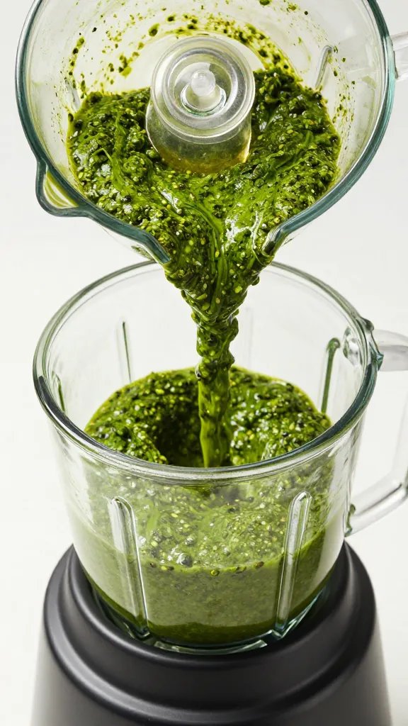 Pesto Sauce Recipe: Summer in a Jar in 5 Minutes 5 High-detail shot of a blender pouring bright green pesto into a jar