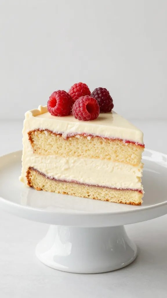 White Chocolate Raspberry Cake: Dreamy, Easy, Wow-Worthy 5 Side-lit shot of moist white chocolate raspberry cake slice on pedestal plate