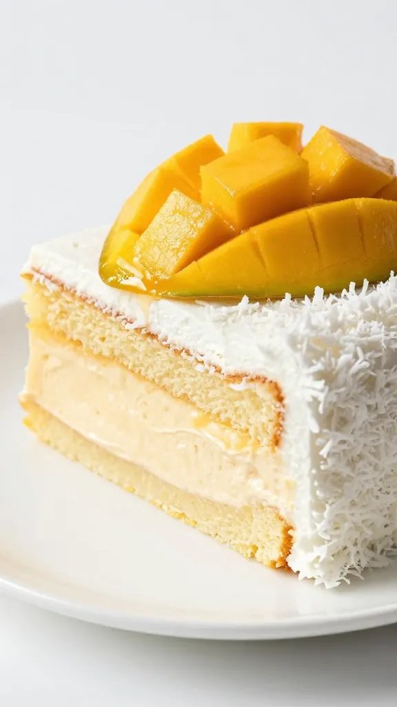 Mango Coconut Cake Recipe: Sunshine in Every Slice 5 Closeup of mango coconut cake slice on a white plate