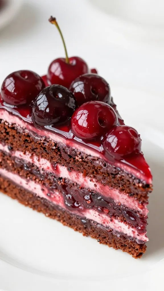 Black Forest Cherry Cake: Indulgence in a Slice 5 closeup of glossy Black Forest cherry cake slice on plate