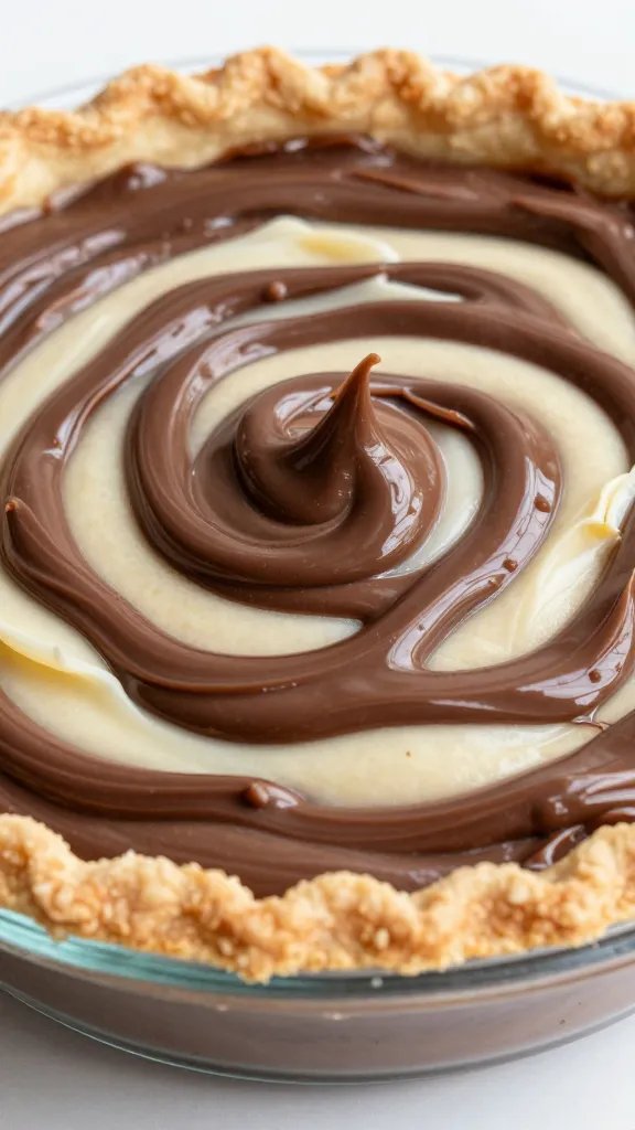 Nutella Smores Pie Recipe: Gooey Perfection 5 Closeup of Nutella swirl in pie filling in a clear glass pie dish