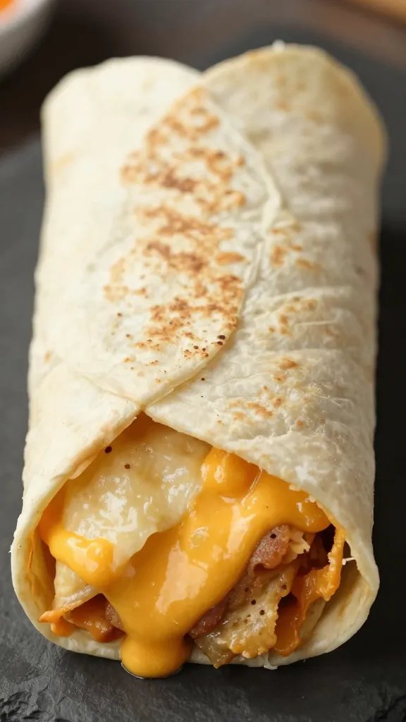 Spicy, Easy Chicken Burritos Recipe Tonight 4 Closeup of a single burrito being rolled with melted cheese visible