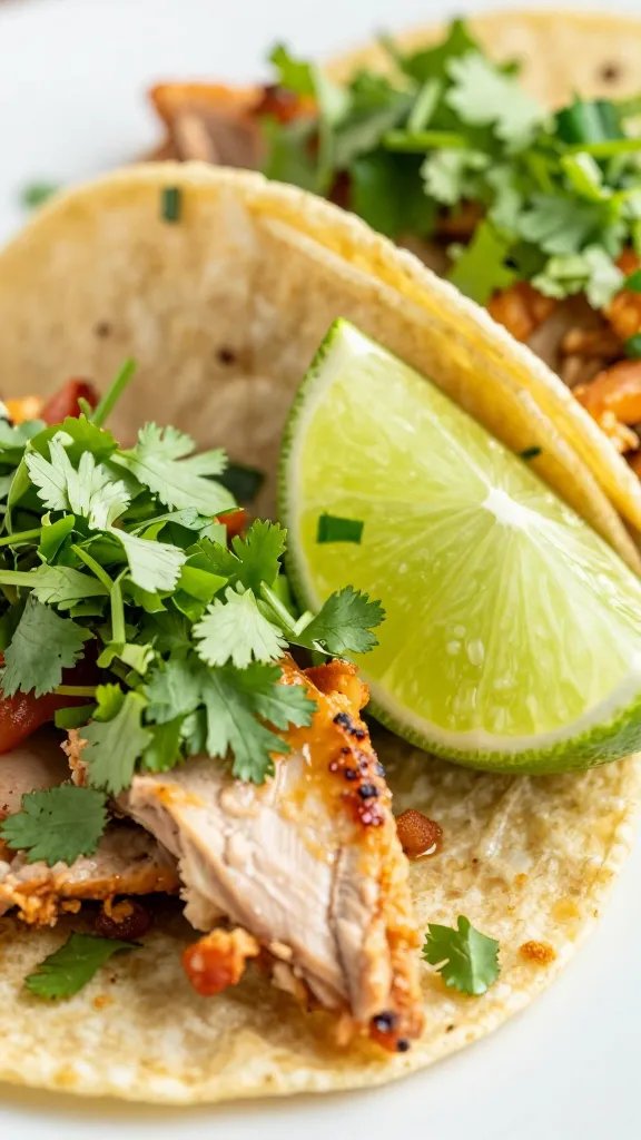 Smoky Flavor Burst: Chicken Tinga Tacos Recipe Fiesta 5 Closeup of lime wedge resting beside shredded cilantro-tavored chicken tacos