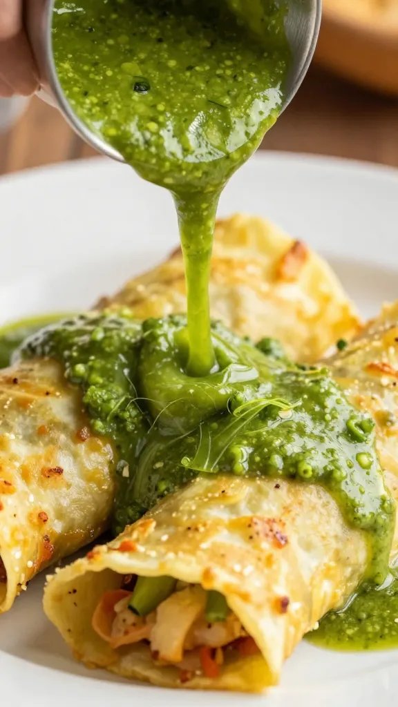 Fiesta Night: Chicken Avocado Mexican Enchiladas Delish 5 closeup of vibrant salsa verde poured over assembled enchiladas