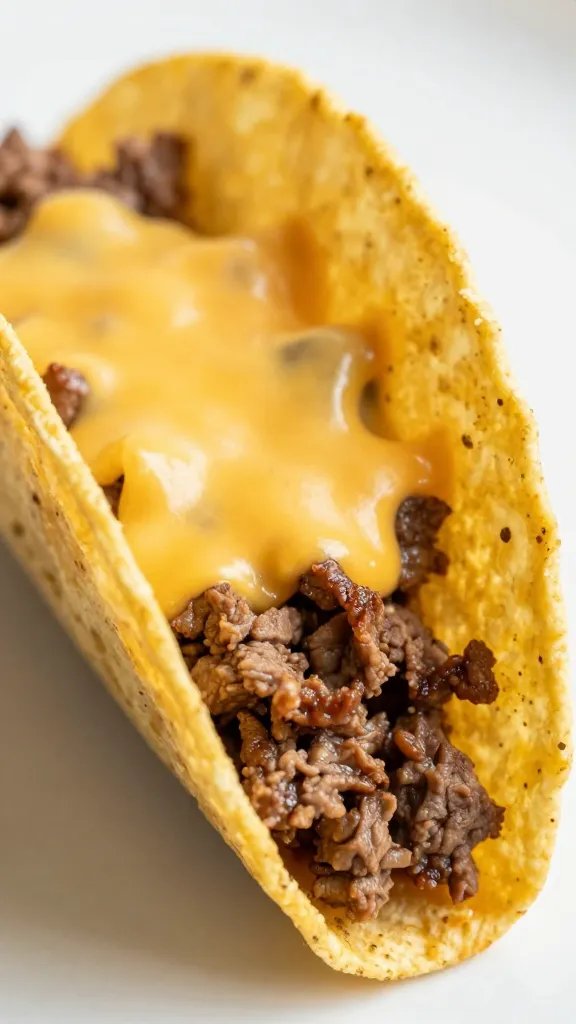 Easy Beef Tacos Recipe: Fast, Flavorful Dinner Win 5 Closeup of taco shell with beef filling and melted cheese