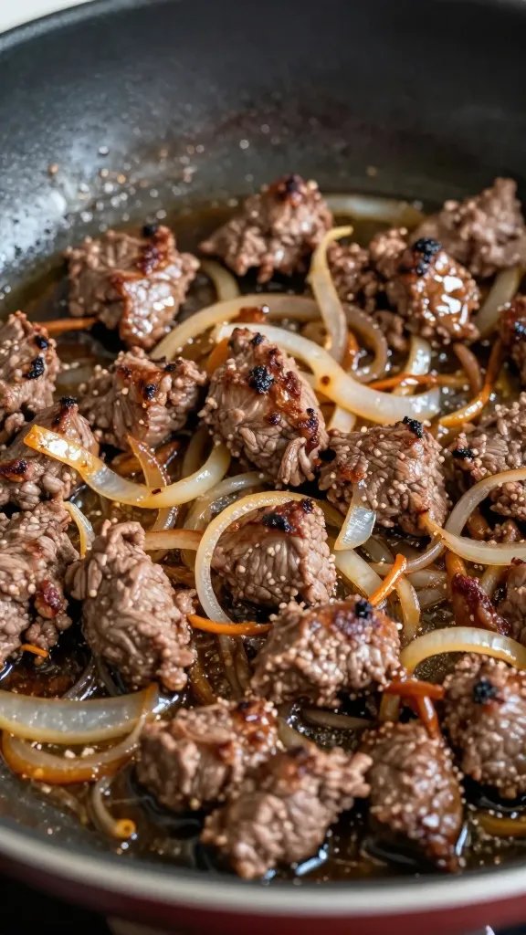 Ground Beef Tacos Recipe: Weeknight Victory 3 closeup of browned ground beef sizzling in skillet with onions