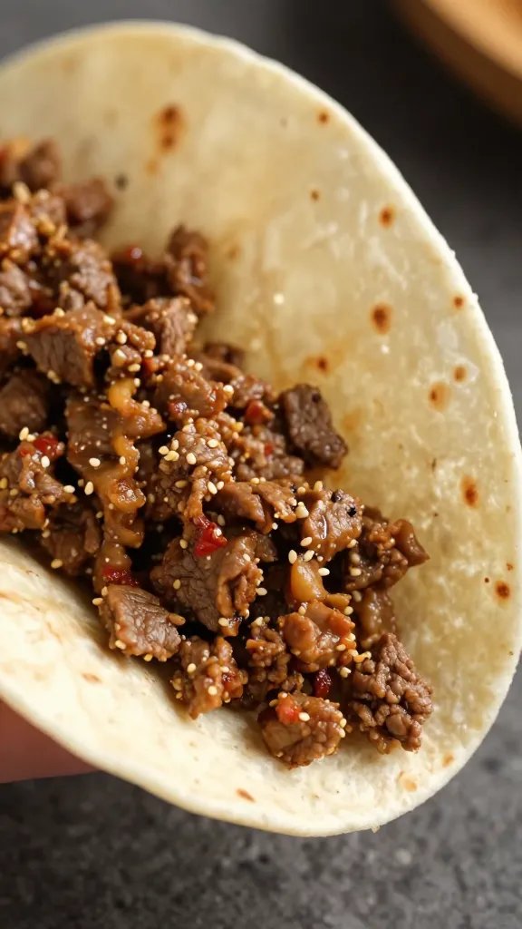Ground Beef Tacos Recipe: Weeknight Victory 4 closeup of single tortilla being filled with beef mixture