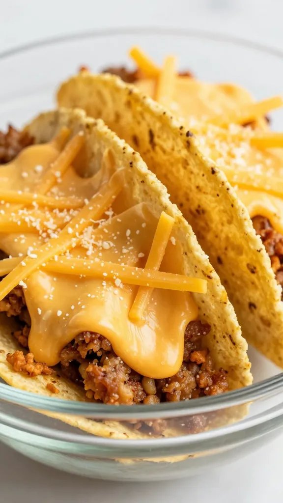 Ground Beef Tacos Recipe: Weeknight Victory 5 closeup of grated cheddar melting on taco filling in a glass bowl