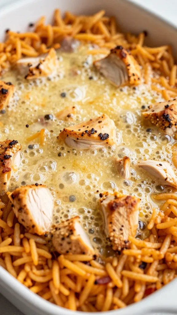 Tex Mex Chicken Rice Casserole: Easy Weeknight Cozy Dish 5 closeup of bubbling Tex Mex chicken rice casserole in baking dish