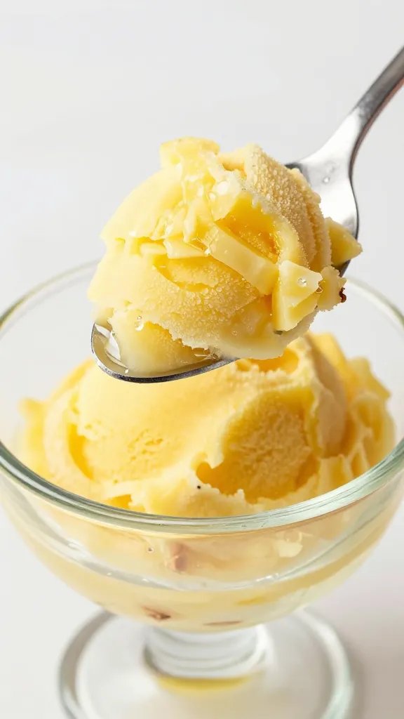 Easy Pineapple Sorbet Recipe: Bright, Breezy, Purely Delightful 4 Closeup of a spoonful of pineapple sorbet in a glass dessert dish