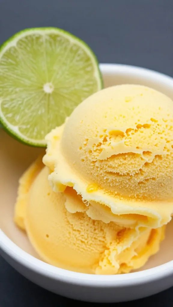 Easy Pineapple Sorbet Recipe: Bright, Breezy, Purely Delightful 5 Closeup of a lime wedge beside a scoop of pineapple sorbet in a small bowl