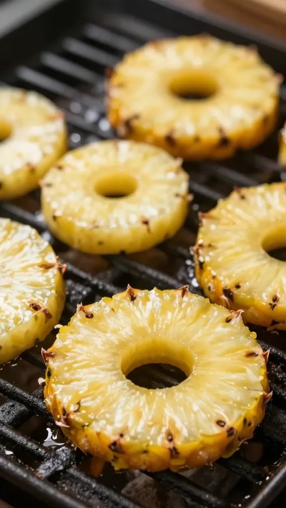 Grilled Pineapple Recipe: Quick, Smoky Sweetness 4 Macro shot of pineapple rings sizzling on grill grate