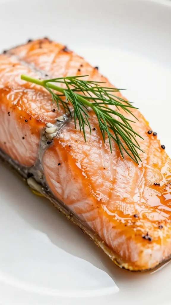 Lemon Dill Baked Salmon Recipe: Quick Gourmet Dinner 5 single dill sprig resting atop lemon-glazed salmon fillet closeup