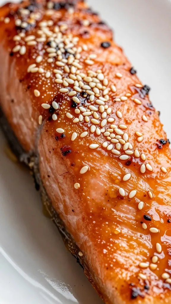 Irresistible Teriyaki Salmon Recipe: Quick Glaze Magic 5 closeup of caramelized teriyaki salmon with sesame seeds on skin-side