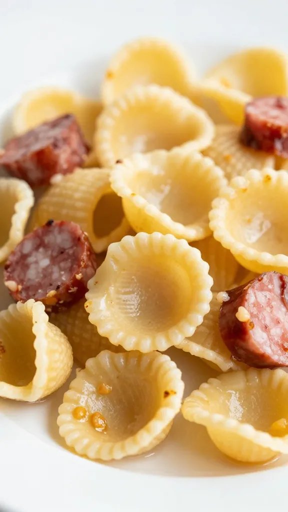 Sausage Spinach Orecchiette: Weeknight Magic 3 closeup of orecchiette pasta with sausage on a white plate