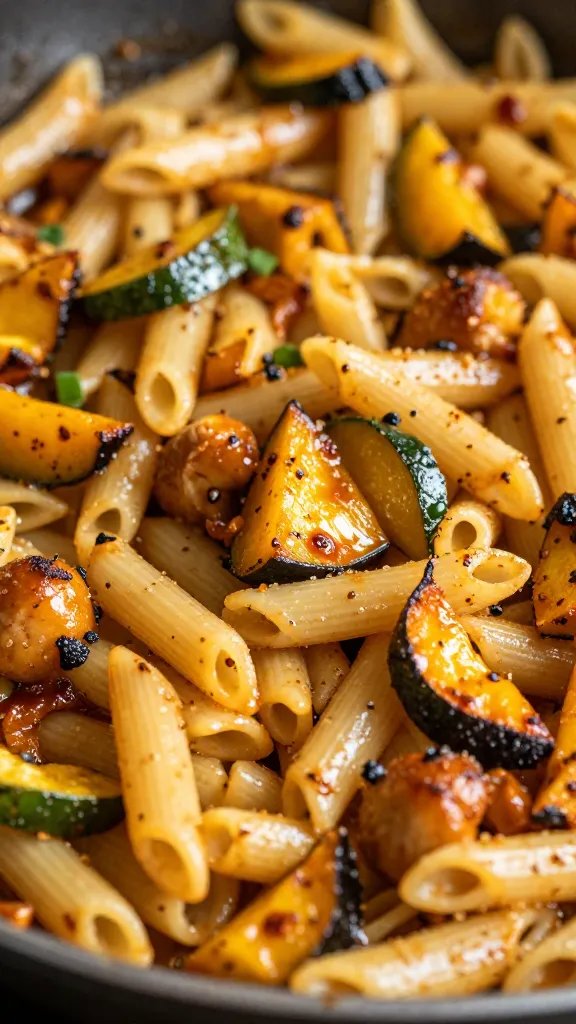 Irresistible Roasted Vegetable Goat Cheese Pasta Magic 5 closeup of caramelized veggie edges in skillet pasta dish