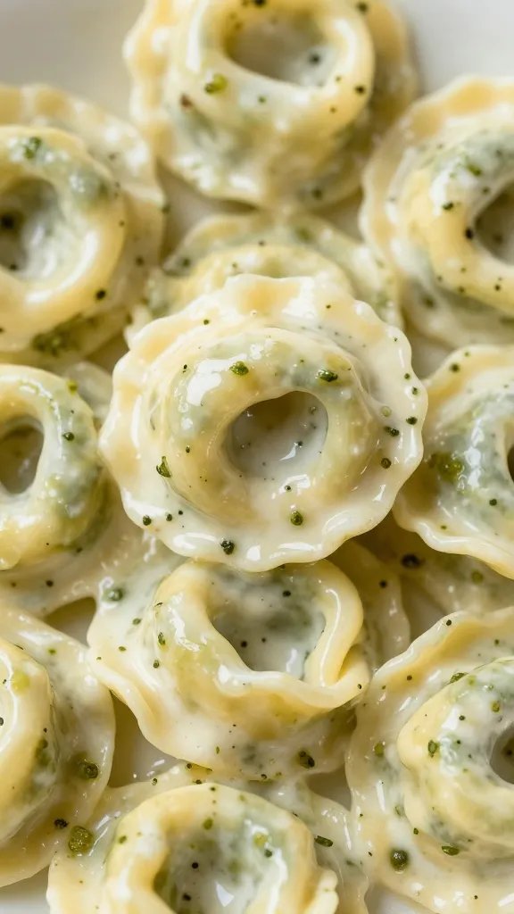 Pesto Tortellini Recipe: Five-Minute Weeknight Sunshine 5 Closeup: single pile of cheese tortellini with creamy pesto sauce