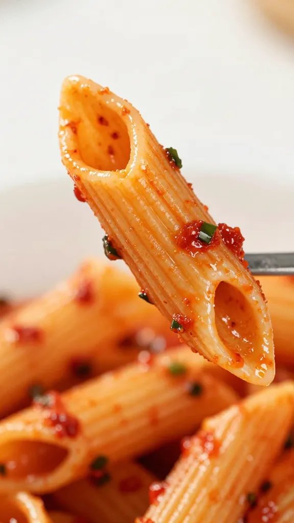 Penna Arrabbiata Recipe: Fiery Weeknight Pasta Joy 4 Closeup of a single penne pasta strand coated in fiery Arrabbiata sauce