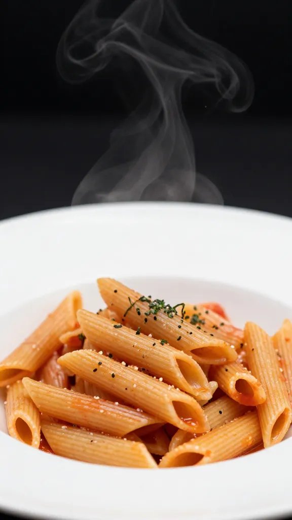Penna Arrabbiata Recipe: Fiery Weeknight Pasta Joy 5 Closeup of a single plate of Penne Arrabbiata with steam, minimal garnish