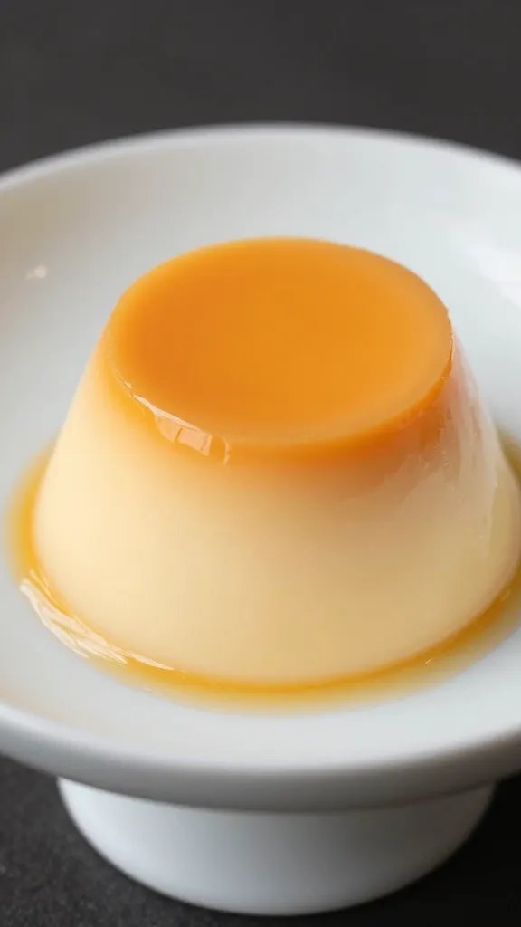 Bright Orange Panna Cotta Recipe Magic 5 closeup of orange panna cotta with glossy surface on white pedestal plate