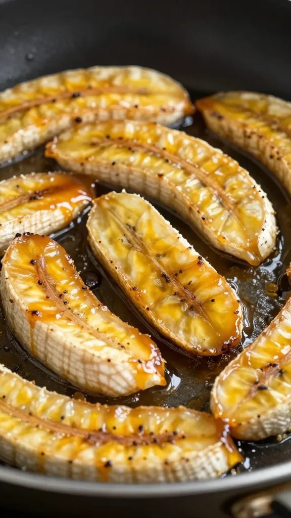 Bananas Foster Recipe: Quick Skillet Showstopper 5 Closeup of caramelized banana halves sizzling in skillet