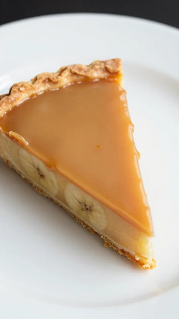 Caramelized Banana Tart: Weeknight Wow in One Bite 5 Closeup of a caramel-topped banana tart slice on a pristine white plate