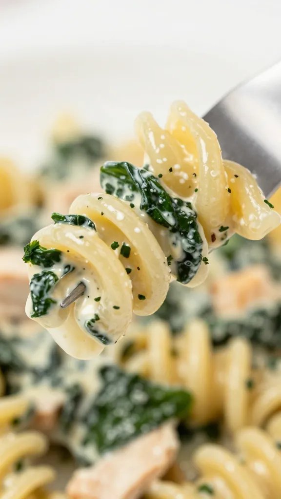 Creamy Chicken Spinach Pasta Recipe Masterclass 5 closeup of creamy chicken spinach pasta twirl on fork