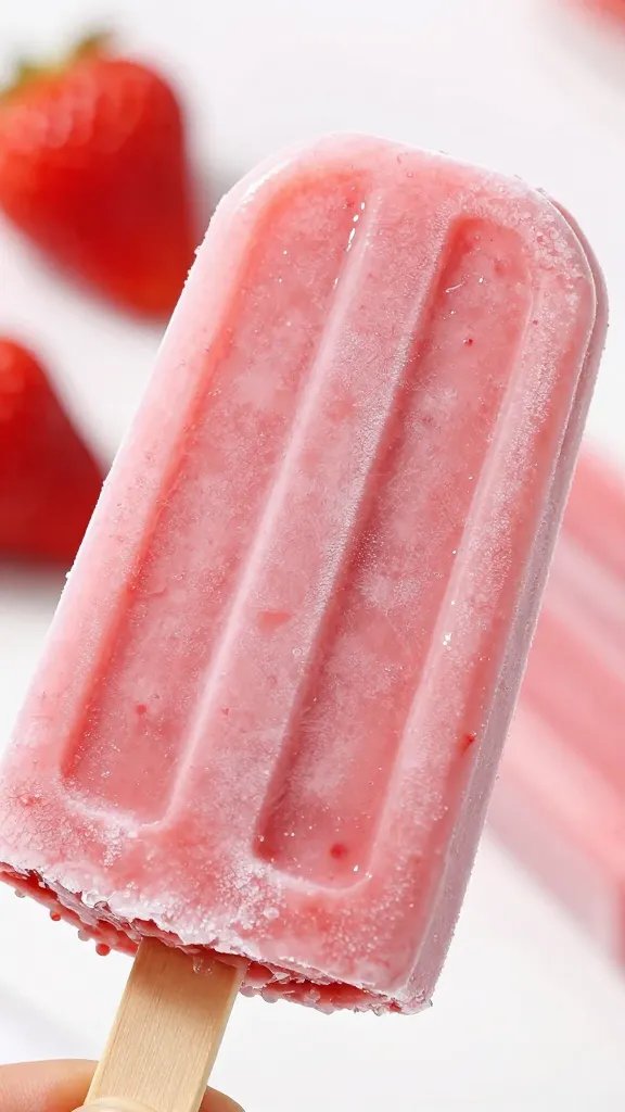 Strawberry Yogurt Popsicles You’Ll Want Twice Today 5 Closeup strawberry yogurt popsicle with glossy frozen surface