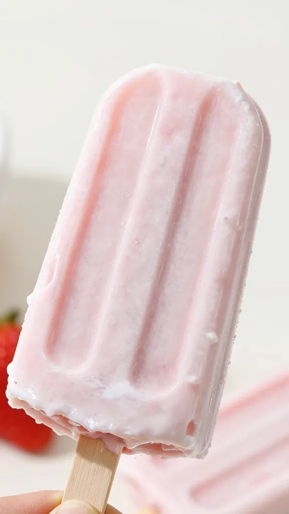 Strawberry Yogurt Popsicles You’Ll Want Twice Today 4 Closeup spoon lifting creamy strawberry yogurt popsicle