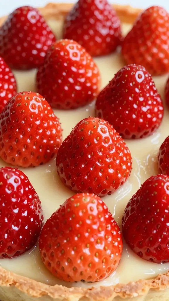 Strawberry Custard Tart: Summer in Every Bite 4 Closeup of glossy strawberry transfer on tart custard surface