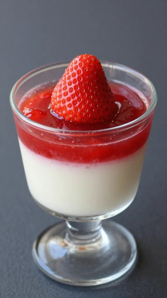 Strawberry Panna Cotta Recipe: No-Bake Dessert Magic 5 Closeup of a single panna cotta glass layered dessert with strawberry puree