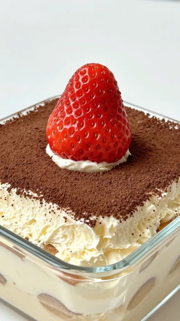 Strawberry Tiramisu Recipe: Fresh, Fluffy & Easy 4 Closeup: single strawberry atop fluffy tiramisu in glass dish
